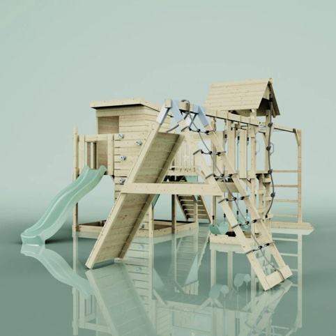 OutdoorToys Lars, Legetårn m/klatremodul og mintgrøn rutsjebane, 562x503x274 cm