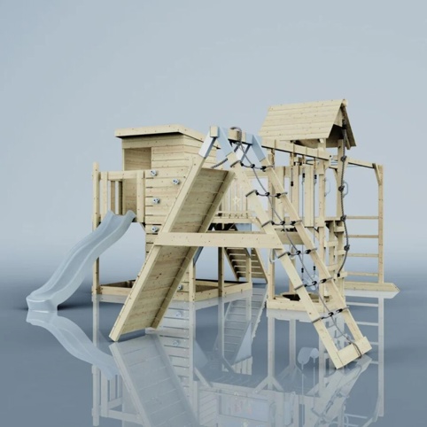 OutdoorToys Lars, Legetårn m/klatremodul og blå rutsjebane, 562x503x274 cm