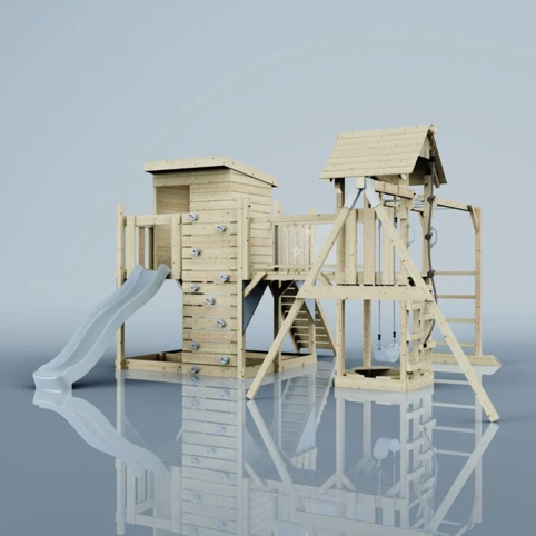OutdoorToys Lene, Legetårn m/gyngemodul og blå rutsjebane, 400x503x274 cm