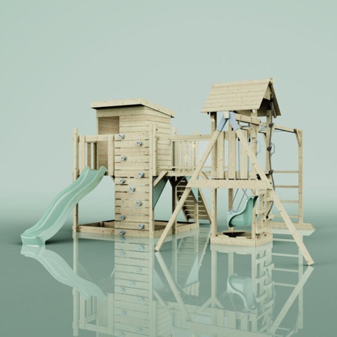 OutdoorToys Lene, Legetårn m/gyngemodul og mintgrøn rutsjebane, 400x503x274 cm