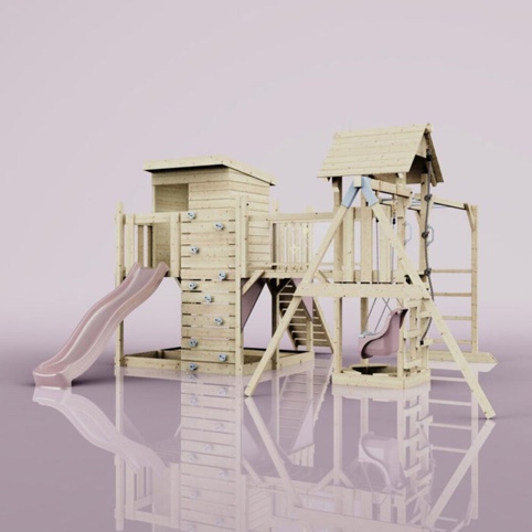 OutdoorToys Lene, Legetårn m/gyngemodul og lyserød rutsjebane, 400x503x274 cm