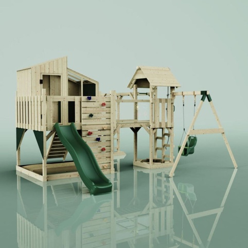 OutdoorToys Liv, Legetårn m/gyngemodul og mørkegrøn rutsjebane, 400x503x291 cm