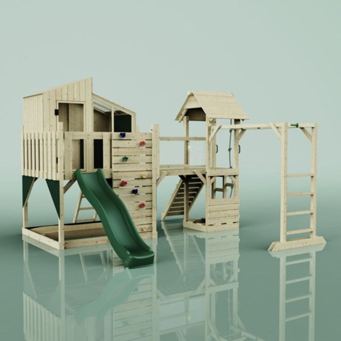 OutdoorToys Ludvig, Legetårn m/mørkegrøn rutsjebane, 444x406x291 cm
