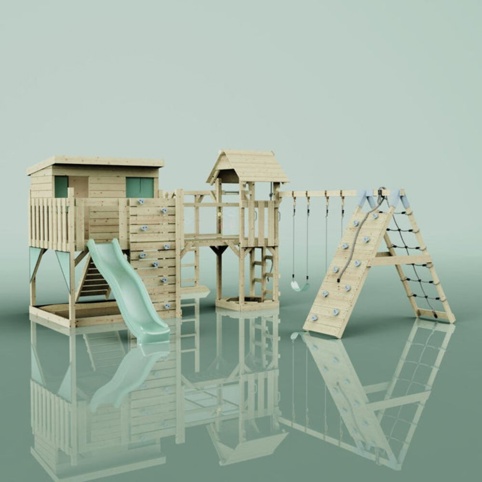 OutdoorToys Malin, Legetårn m/klatremodul og mintgrøn rutsjebane, 562x503x274 cm