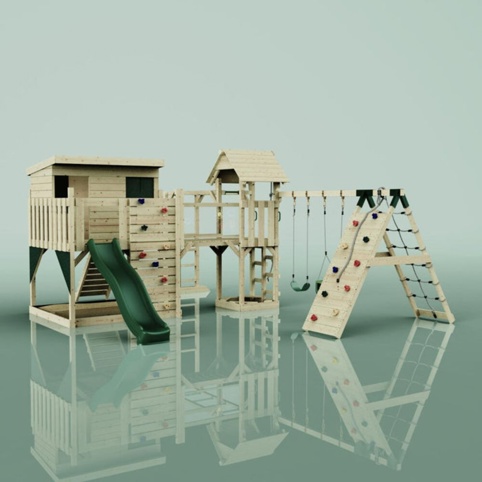 OutdoorToys Malin, Legetårn m/klatremodul og mørkegrøn rutsjebane, 562x503x274 cm