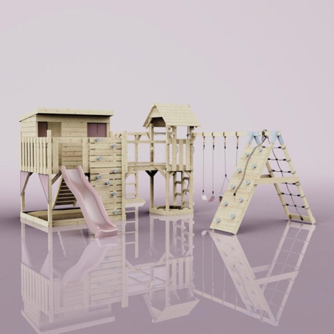 OutdoorToys Malin, Legetårn m/klatremodul og lyserød rutsjebane, 562x503x274 cm