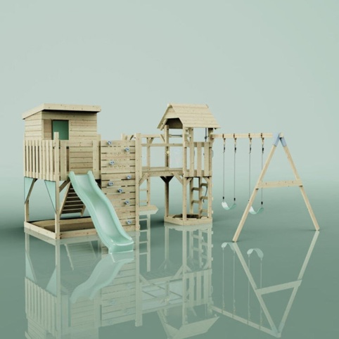 OutdoorToys Malou, Legetårn m/gyngemodul og mintgrøn rutsjebane, 562x503x274 cm