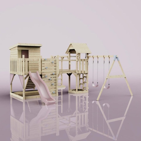 OutdoorToys Malou, Legetårn m/gyngemodul og lyserød rutsjebane, 562x503x274 cm
