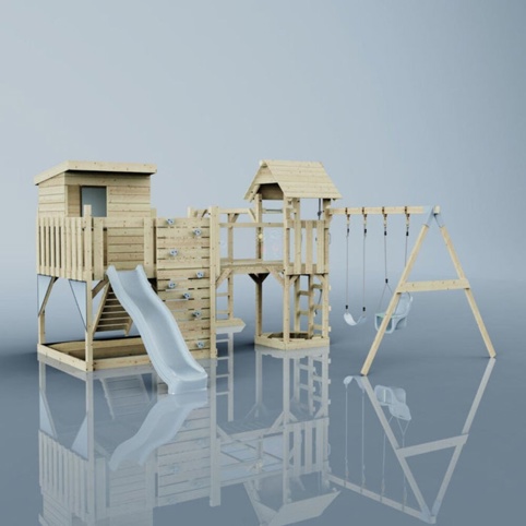 OutdoorToys Malou, Legetårn m/gyngemodul og blå rutsjebane, 562x503x274 cm