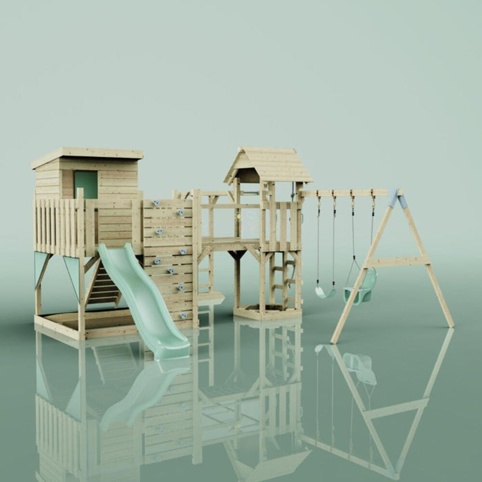 OutdoorToys Malou, Legetårn m/gyngemodul og mintgrøn rutsjebane, 562x503x274 cm