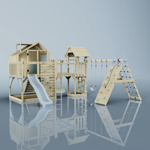 OutdoorToys Milo, Legetårn m/klatremodul og mintgrøn rutsjebane, 562x503x291 cm