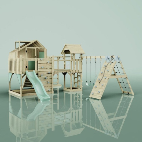 OutdoorToys Milo, Legetårn m/klatremodul og lyserød rutsjebane, 562x503x291 cm