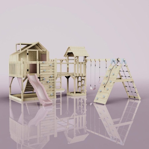 OutdoorToys Milo, Legetårn m/klatremodul og lyserød rutsjebane, 562x503x291 cm