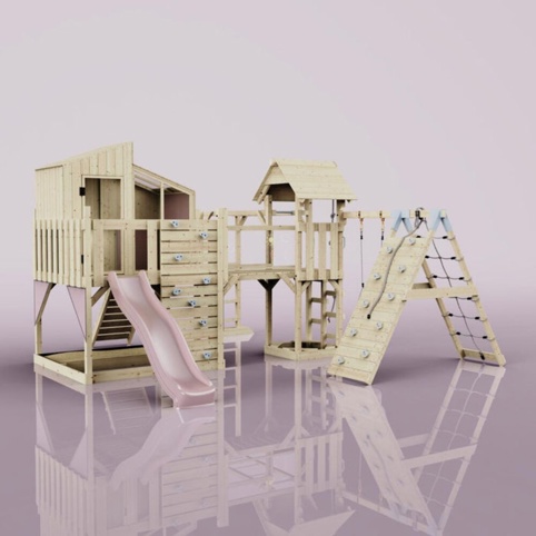 OutdoorToys Tammo, Legetårn m/klatremodul og lyserød rutsjebane, 490x503x291 cm
