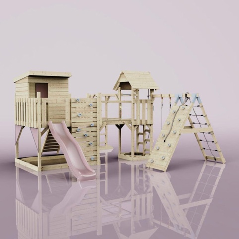 OutdoorToys Tessa, Legetårn m/klatremodul og lyserød rutsjebane, 490x503x274 cm