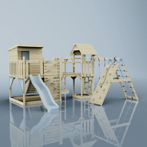 OutdoorToys Tessa, Legetårn m/klatremodul og blå rutsjebane, 490x503x274 cm