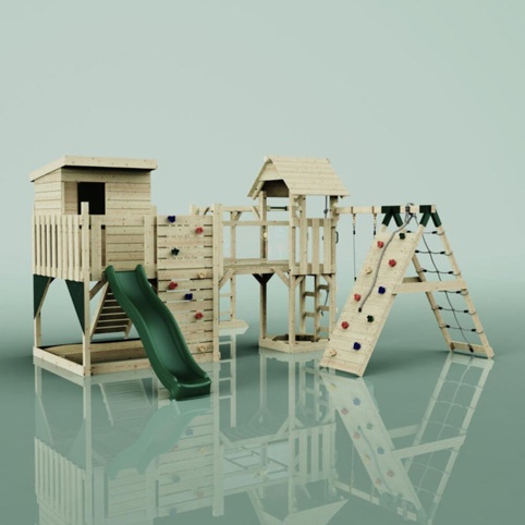 OutdoorToys Tessa, Legetårn m/klatremodul og mørkegrøn rutsjebane, 490x503x274 cm