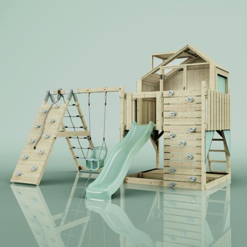 OutdoorToys Anika, Legetårn m/klatremodul og mintgrøn rutsjebane, 399x415xx291 cm