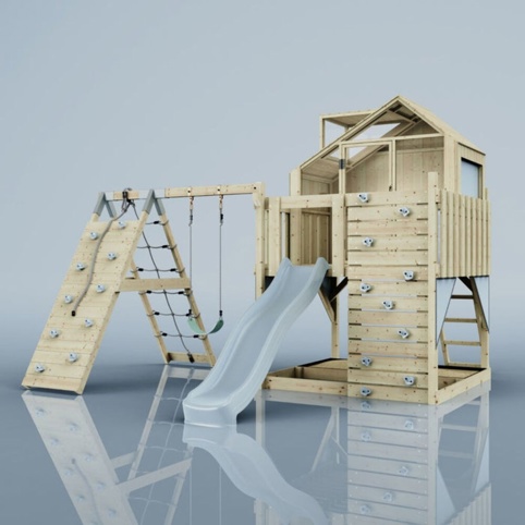 OutdoorToys Anika, Legetårn m/klatremodul og blå rutsjebane, 399x415xx291 cm