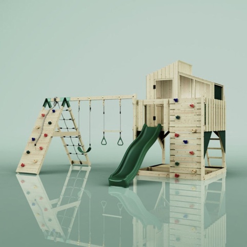 OutdoorToys Finn, Legetårn m/klatremodul og mørkegrøn rutsjebane, 472x415x292 cm