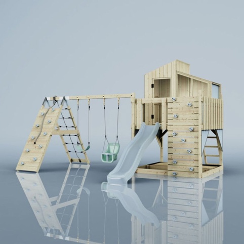 OutdoorToys Finn, Legetårn m/klatremodul og blå rutsjebane, 472x415x292 cm