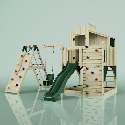 OutdoorToys Julie, Legetårn m/klatremodul og mørkegrøn rutsjebane, 400x415x291 cm