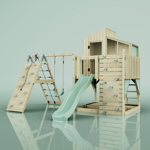 OutdoorToys Julie, Legetårn m/klatremodul og mintgrøn rutsjebane, 400x415x291 cm