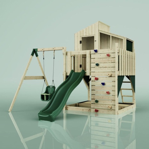 OutdoorToys Lotta, Legetårn m/gyngemodul og mørkegrøn rutsjebane, 308x415x292 cm