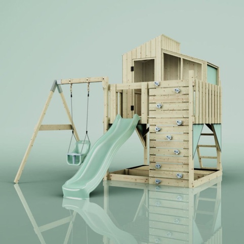 OutdoorToys Lotta, Legetårn m/gyngemodul og mintgrøn rutsjebane, 308x415x292 cm