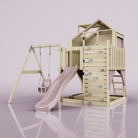 OutdoorToys Madita, Legetårn m/gyngemodul og lyserød rutsjebane, 308x415x292 cm