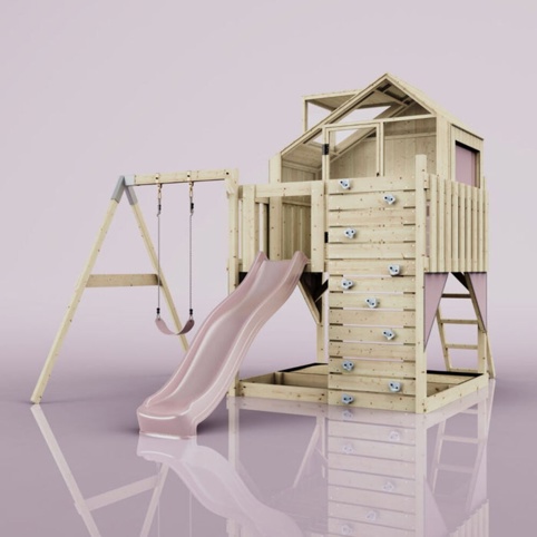 OutdoorToys Madita, Legetårn m/gyngemodul og lyserød rutsjebane, 308x415x292 cm