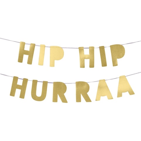 Guirlande, ”Hip Hip Hurra”, guld, 3 m